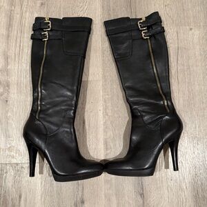 Nine West Black Heeled Boots with Gold Buckles